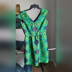 Taylor Nordstrom Green and Black FloralShort Sleeve Fit & Flare Mini Dress